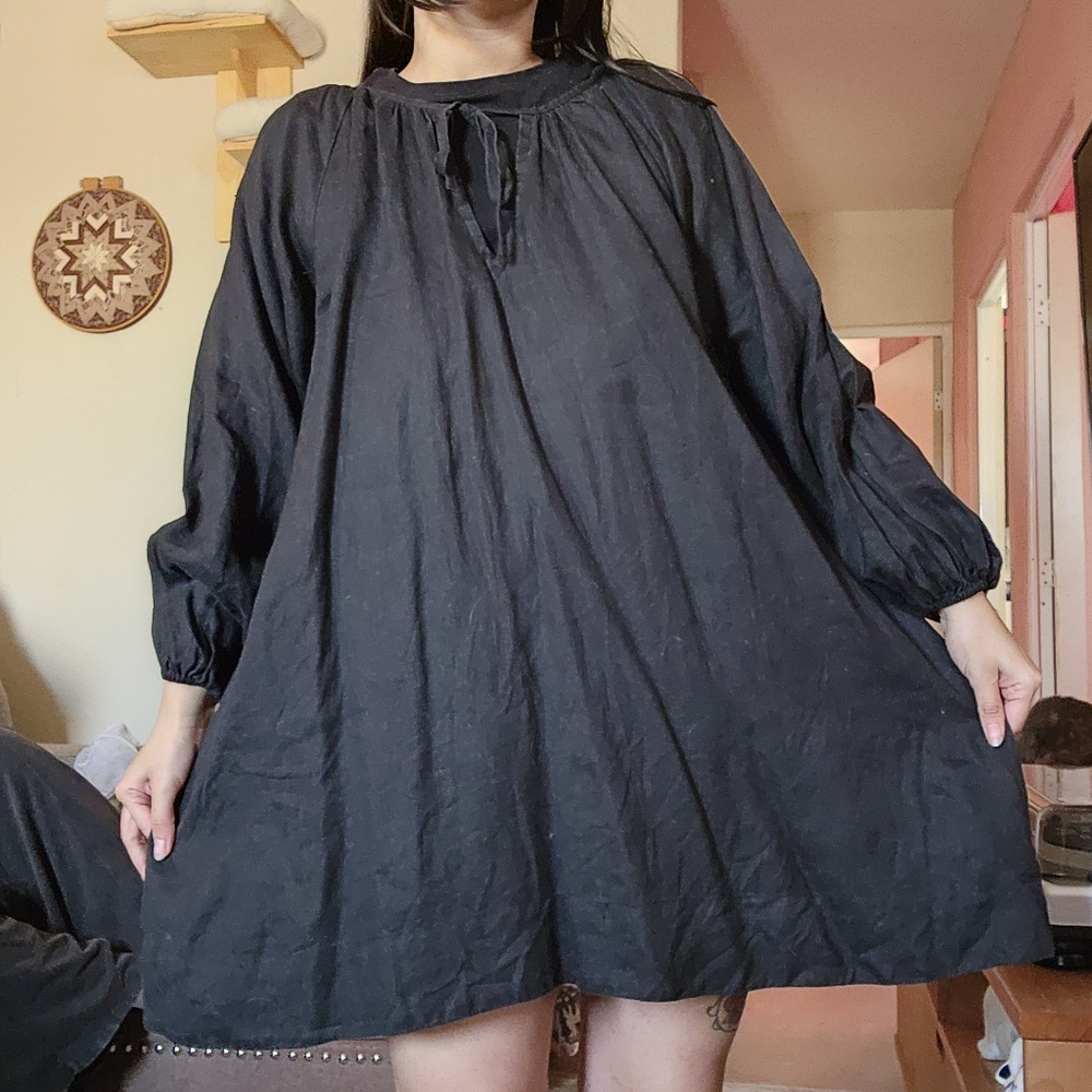 At Dawn Black Linen Puff Sleeve Mini Dress, Medium